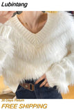 Lubintang Women's Artificial Mink Fur V-Neck Sweater, Knitting Pullover, Autumn