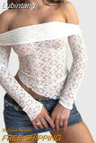 Lubintang Retro Floral Lace Mesh Off Shoulder T shirt Tops Chic Long Sleeve Fairy Grunge Y2K Vintage Crop Tops Women Skinny Tops