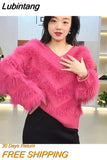 Lubintang Women's Artificial Mink Fur V-Neck Sweater, Knitting Pullover, Autumn