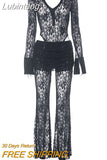 Lubintang Print Floral See Through Lace Women Pant Suit Black Long Sleeve High Waist Pant Suit Female Autumn Casual Two Piece Sets