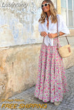 Lubintang Long Patchwork Print A-Line Skirt Floral Skirt Women Casual Beach Faldas Female Boho Elastic Waist Holiday Maxi Skirts