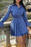 Lubintang Blue Shirt Dress Woman Striped Pleated Short Dresses For Women Long Sleeve Casual Summer Women's Dresses Button Mini Dress