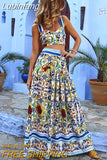 Lubintang Women Boho Skirt Suits 2023 Summer Printed Sleeveless Backless Crop Camis And Beach Holiday A-Line Skirt Women 2 Pieces Set