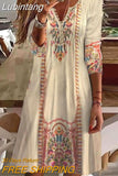 Lubintang Summer Dress Women's Elegant Fashion Retro Tribal Print Button Detail Long Sleeve Casual Dress Vestidos