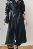 Lubintang Long Trench Coat for Women Retro 2023 Autumn New Thin PU Leather Jacket Loose Solid Leather Trench Coat Black Long Coat