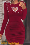 Lubintang for Women 2023 Winter Diamond Pearl Hollow Heart Beaded Ribbed Bodycon Dress Knitted Puff Long Sleeve O-Neck Dress