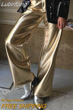 Lubintang Fashion Silver Pu Leather Women's Pants 2023 Elegant High Waisted Solid Trousers Spring Casual Straight Full Length Pants 1006