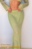 Lubintang Knitted Sexy Hollow Out Women Skirt Suit Green Long Sleeve Crop Top Long Skirt Autumn Skinny Elegant Two Piece Sets 2023