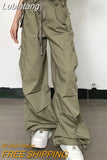 Lubintang Y2K Green Low Waist Cargo Parachute Pants Women Hip Hop Streetwear Oversized Drawstring Wide Leg Trousers Harajuku Retro