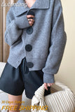 Lubintang Big Button Cardigan for Women Loose Thickening Turn-down Collar Knit Sweater Autumn and Winter 2023 Grey Cardigan Coat