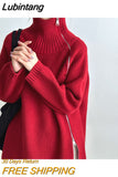 Lubintang Zipper Grey Turtlenecks Loose Fit Casual Long Thickening Winter Sweater Woman Fashion Oversize Retro White Pullover Women