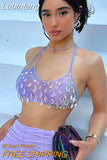 Lubintang Sexy Crystal Sparkling Mesh Women Camis Top Purple Spaghetti Strap Short Camis Top Female Summer New Spicy Girl Clothing