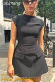 Lubintang High Waist Bodycon Mini Dress Women Fashion Round Neck Short Sleeve Zipper Dresses 2023 New Chic Y2k High Street Vestido