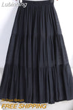 Lubintang Linen Casual Elastic Waist A-LINE Long Skirts for Women Fashion 2023 LOOSE Splice Solid Vintage Harajuku Black Skirt