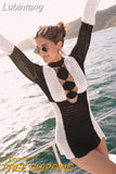 Lubintang Patchwork Sexy Hollow Out Women Dress White Long Sleeve Round Neck Knit Dress Female Autumn Loose Elegant Beachwear 2023