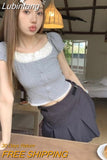 Lubintang Two Piece Patchwork Lace Rufflesshort Tees Sweet Ballet Crop Tops Women Short Sleeve Tshirts Y2k Gray Camisetas Summer