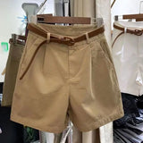 Lubintang Khaki Workwear Shorts Women's Summer Outerwear New Loose High Waist A- Line Cropped Wide Leg Shorts Female