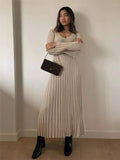 Lubintang Knitted Pit Stripes Maxi Dress For Women White Long Sleeve Round Neck Dress Female Autumn Solid Casual Skinny Streetwear