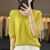 Lubintang Women's V-Neck 100% Wool Short Sleeved Korean Fashion Elegant Style Solid Color Pullover Sweater Women's T-Shirt Versatile Top