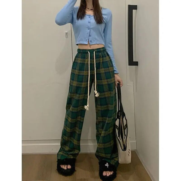 QWEEK Korean Fashion Winter Plaid Pants Women Harajuku Vintage Oversize  Buttons Up Wide Leg Checkered Trousers Female Christmas