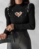 Lubintang for Women 2023 Winter Blouse Casual Solid Color Rhinestone Hollow Heart Knit Long Sleeve Pullover Skinny Sweater for Women