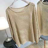 Lubintang Knit Mesh Sweaters Hollowed Out T-shirts Korean Long Bat Sleeve O-neck Tops Sunscreen Tees Off-white Mujer Women Pullover