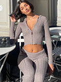 Lubintang Knitted Long Sleeve Zipper Hooded Women Two Piece Sets Thicken Sweater Skinny Long Pant Suit Solid Casual Sweatshirt Set