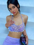 Lubintang Sexy Crystal Sparkling Mesh Women Camis Top Purple Spaghetti Strap Short Camis Top Female Summer New Spicy Girl Clothing