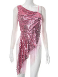 Lubintang Sexy Sequins Sparkling Women Tank Top Pink One Shoulder See Through Mesh Top Female Summer Skinny Elegant Party Clubwear