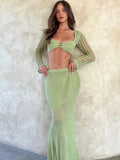 Lubintang Knitted Sexy Hollow Out Women Skirt Suit Green Long Sleeve Crop Top Long Skirt Autumn Skinny Elegant Two Piece Sets 2023