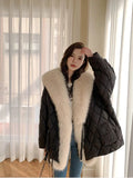 Lubintang Fox Fur Collar Cotton Padded Parkas Diamond Plaid Thicken Jackets Winter Loose Women Coats Korean Fashion Warm Chaquetas