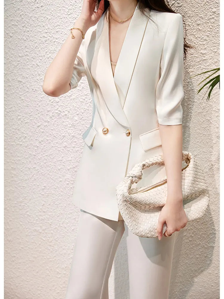 Lubintang Women Summer Casual Elegant Blazer Two Pieces Set Vintage Chic  White Suit Jacket Straight Pantsuit