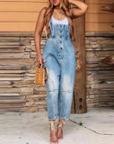 Lubintang Denim Jumpsuit Women's Overall Fashion Split Loose Wide Leg Pocket Button Slim Blue Suspenders Vintage Women's jumpsuit