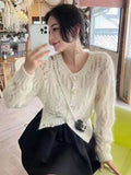 Lubintang Out Slim Vintage Knit Cropped Cardigan Korean Elegant Sweater Coat Casual O-neck Spring Tops Knitwear Long Sleeve Jacket