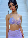 Lubintang Sexy Crystal Sparkling Mesh Women Camis Top Purple Spaghetti Strap Short Camis Top Female Summer New Spicy Girl Clothing