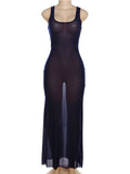 Lubintang Sexy See Through Mesh Women Maxi Dress Dark Blue Spaghetti Strap Long Dress Female Summer Loose Vacation Beachwear 2023