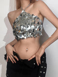 Lubintang Glitter Sequin Sparkling Women Camis Top Silver Back Hollow Out Short Crop Top Female Summer New Spicy Girl Bustier Top