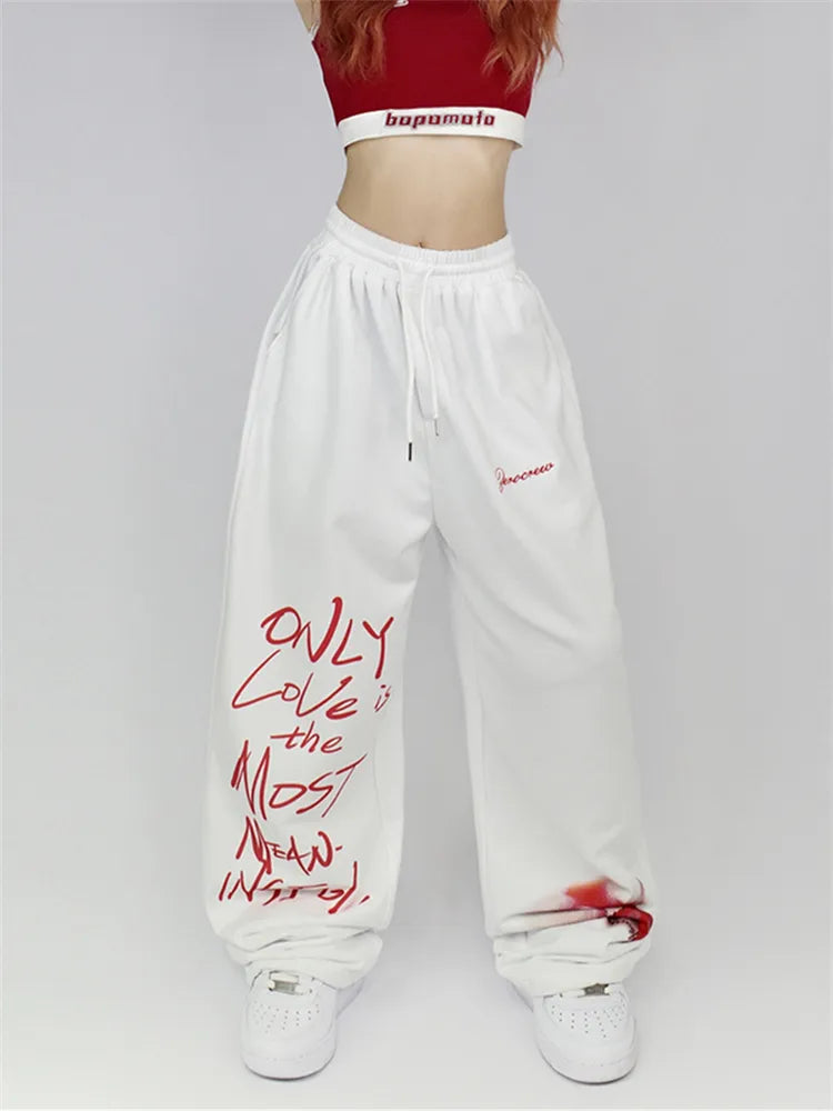Qweek Harajuku Streetwear Red Cargo Pants Women Hip Hop Oversized