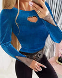 Lubintang Sexy Blouses 2024 Autumn Rhinestone Hollow Heart Velvet Patchwork Ribbed Knitted O-Neck Sweater Long Sleeve Slim Pullover