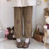 Lubintang Harajuku Kawaii Beige Corduroy Pants Cute Japanese Style Lolita Brown Wide Leg Trousers Embroidery Girly Sweet Pantalon