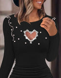 Lubintang for Women 2023 Winter Diamond Pearl Hollow Heart Beaded Ribbed Bodycon Dress Knitted Puff Long Sleeve O-Neck Dress