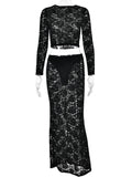 Lubintang Sexy See Through Lace Women Skirt Suit Black Long Sleeve T-shirt Long Skirt Autumn Printed Floral Elegant Two Piece Sets