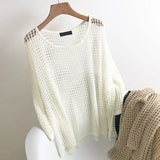 Lubintang Knit Mesh Sweaters Hollowed Out T-shirts Korean Long Bat Sleeve O-neck Tops Sunscreen Tees Off-white Mujer Women Pullover