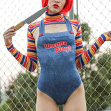 Lubintang Halloween Costumes for Women Scary Nightmare Killer Doll Wanna Play Movie Character Chucky Doll Costume Bodysuit