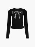 Lubintang Women Y2K Clothes Mesh Bow Patchwork Crop Tops O Neck Long Sleeve Gothic Fairycore Tops Korean Fashion T-shirt Streetwear