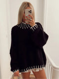 Lubintang Solid Patchwork Knit Sweater Women Fashion Loose Long Sleeves Pullover 2023 Autumn Office Ladies Commute Streetwear