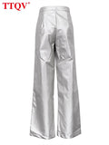 Lubintang Fashion Silver Pu Leather Women's Pants 2023 Elegant High Waisted Solid Trousers Spring Casual Straight Full Length Pants 1006