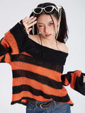 Lubintang Y2k Punk Rock Zipper Sexy Off Shoulder Sweaters Women Gothic Black Grey Stripes Broken Hole Loose Knitted Jumpers