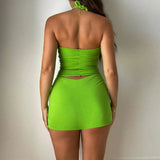 Lubintang Women Outfits Sexy Halter Neck Crop Top And Mini Skirts Green Casual Summer Two Piece Sets Party Club Clothes