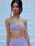 Lubintang Sexy Crystal Sparkling Mesh Women Camis Top Purple Spaghetti Strap Short Camis Top Female Summer New Spicy Girl Clothing